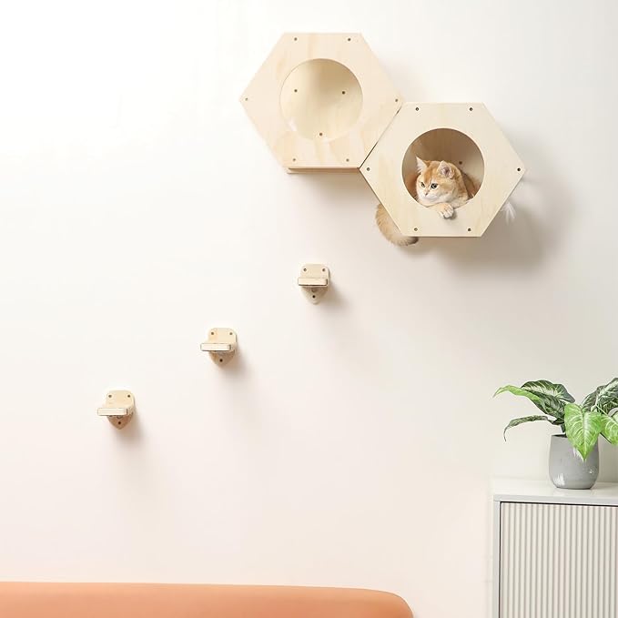 3 Pcs Cat Wall Steps, Cat Shelves and Perches for Wall, Wall-Mounted Cat Climbing Shelf with Hemp Rope Covered, Cat Wall Furniture Steps Set with Scratching Pads for Cats Playing and Climbing (Wood)