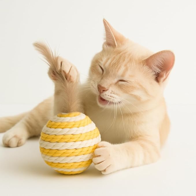 Ball for cat with Feathers - Balls for Cats – Natural Toy for Indoor Cats – Eco-Friendly, Durable, Interactive Play Balls for Kittens – Pet-Safe Chew & Scratch Toys (Yellow)
