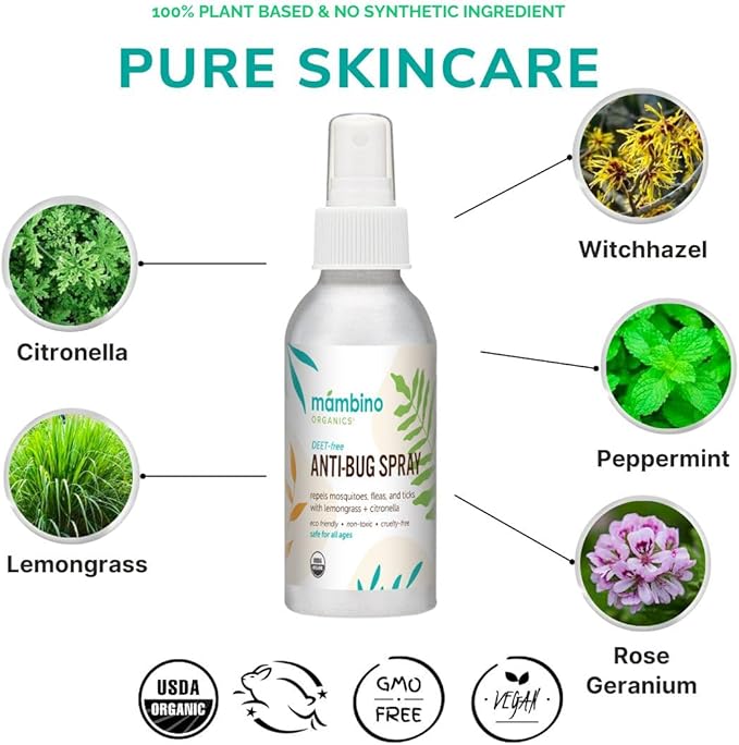 Anti-Bug Spray DEET-Free – Organic, All-Natural Bug Spray Travel Size with Essential Oils – Non-Toxic, Reef Safe, Face-Safe Bug Repellent for Babies, Kids, Adults by Mambino Organics, 2.7oz 3-Pack