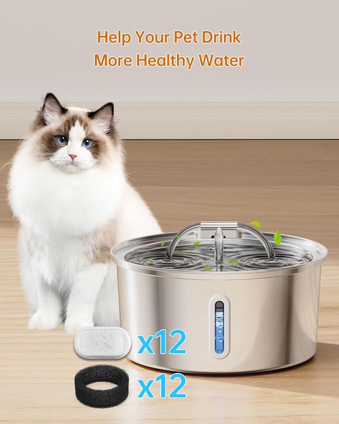 Cat Water Fountain Filter, Filters Replacement for 108Oz/3.2L&67Oz/2L&135Oz/4L Stainless Steel Pet Water Drinking Fountain, Dog Indoor Water Dispenser Fountain Carbon Filter, 12 Filters & 12 Sponges