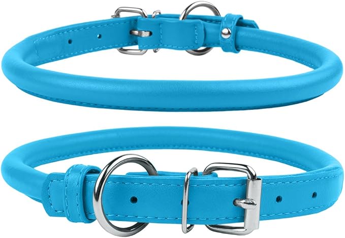 CollarDirect Rolled Leather Dog Collar, Soft Padded Round Puppy Collar, Handmade Genuine Leather Collar Dog Small Large Cat Collars 13 Colors (13-16 Inch, Light Blue Textured)