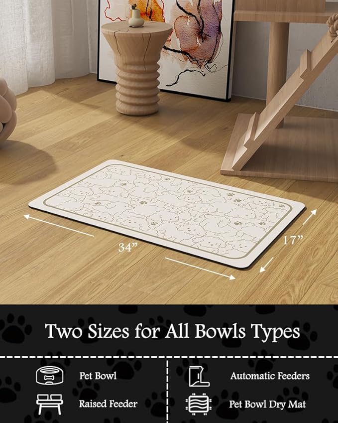 Pet Feeding Mat-Absorbent Dog Mat for Food and Water Bowl-No Stains Quick Dry Water Dispenser Mat-Dog Accessories Pet Supplies-Bowl for Messy Drinkers(FRAMEDOGS,17"x34"