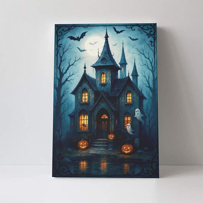 Halloween Gothic Wall Art Castle Pumpkin Ghost Bat Canvas Wall Decor Dark Academia Pictures Painting Print Framed Artwork Decorations Gifts for Halloween Living Room Bedroom Office 16"x24"