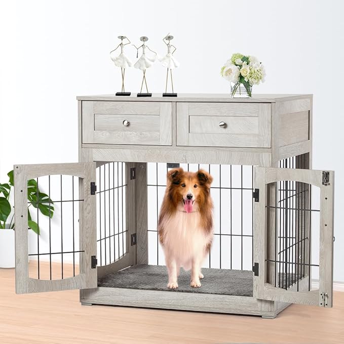 Dog Crate Furniture for Large Dogs, Wooden Dog Kennel Indoor with Double Doors, Dog Cage with Cushion & Drawers, Dog House Side End Table for Large Medium Dogs up to 70 lb, 39.4โ L, Grey