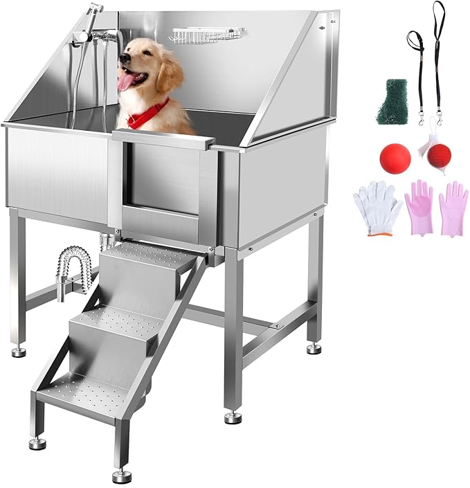 38"" Pet Dog Bathing Station W/Ramp, Professional Stainless Steel Dog Grooming Tub W/Soap Box, Faucet,Rich Accessory, Dog Bathtub for Large,Medium,Small Pets, Washing Sink for Home,R-RAMP