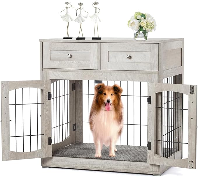 Dog Crate Furniture for Medium Dogs, Wooden Dog Kennel Indoor with Double Doors, Dog Cage with Cushion & Drawers, Dog House Side End Table for Small Medium Dogs up to 45 lb, 31.5โ L, Grey