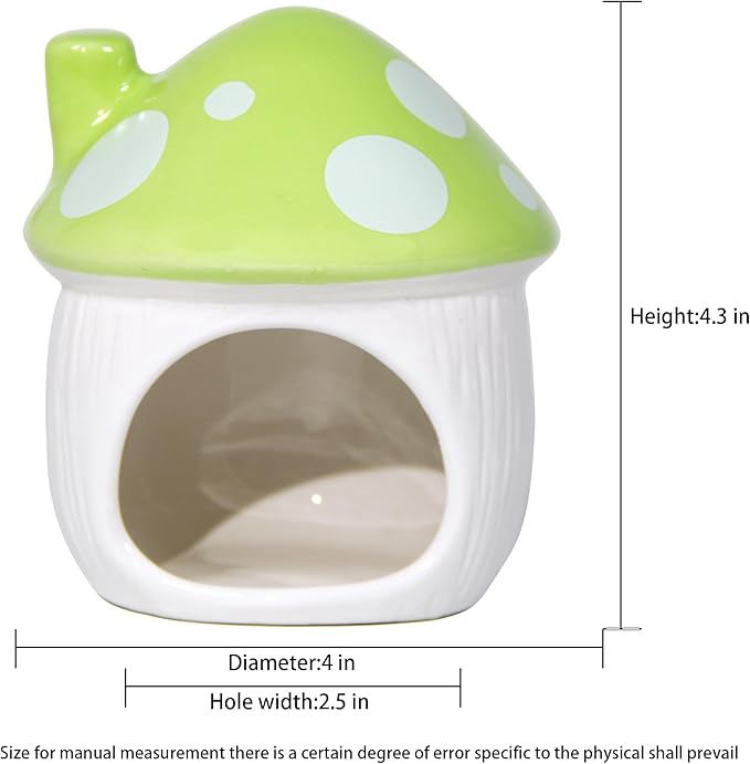 Ceramic Mushroom Hamster Hideout - Hamster Habitat for Hamsters Chinchillas Hedgehogs and Gerbils Mouse Small Pet Guinea Pigs House Hamster Bed (Green)