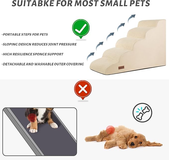 5-Step Dog Stairs and Ramp for High Bed,Non-Slip Sturdy Pet Steps for Small Dogs and Cats,22.2" H,Beige