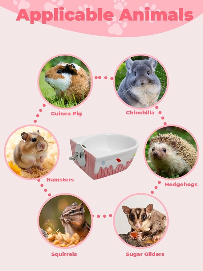 Chinchilla Food Bowl Ceramic Guinea Pig Cage Feeder Hanging Bunny Food Dish Small Animal Feeding Bowls for Syrian Hamster Ferret Gerbils (Pink)