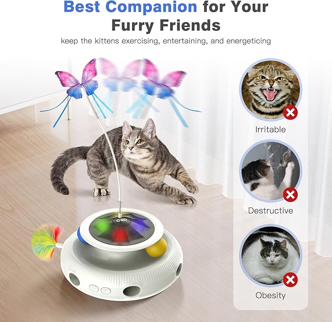 Automatic Interactive Cat Toys for Indoor Cats & Bored Adults - Kitten Toys with Fluttering Butterfly, Ambush Feather & Track Balls - Exercise & Stimulation for Playful Cats (Beige)