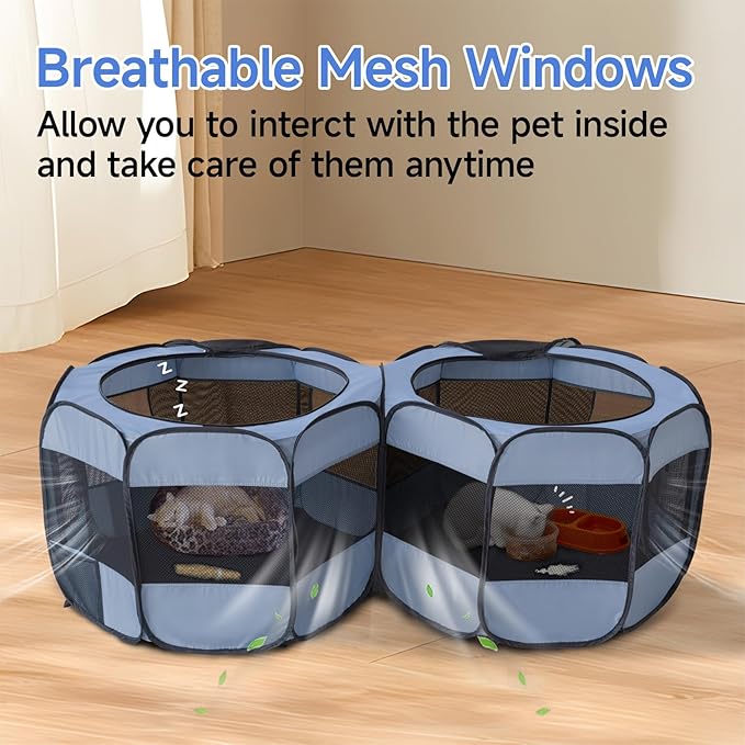 2-in-1 Dog Playpen, Pop Up Cat Puppy Pet Playpen, Indoor Outdoor Cats Enclosed, Cat Tent Crate Cage Kennel, Portable Playpen for Kitten and Small Animals(No Divider, Unified Space)