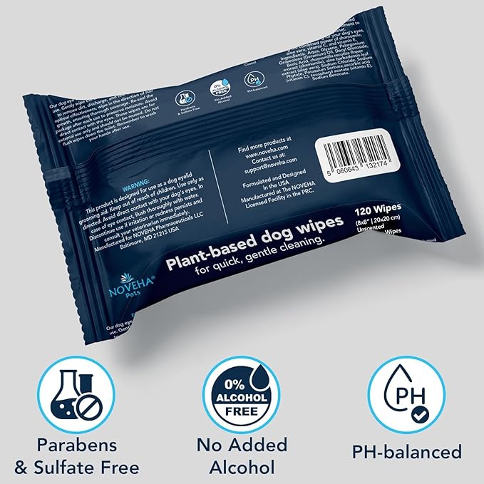 NOVEHA Dog Wipes - Odor Eliminating and Cleaning Grooming Wipes for Dog's Paws, Body, and Butt - Perfect for Puppy and Adult Dogs - Plant-Based, Safe, Convenient & Large Unscented Wipes (360 Counts)