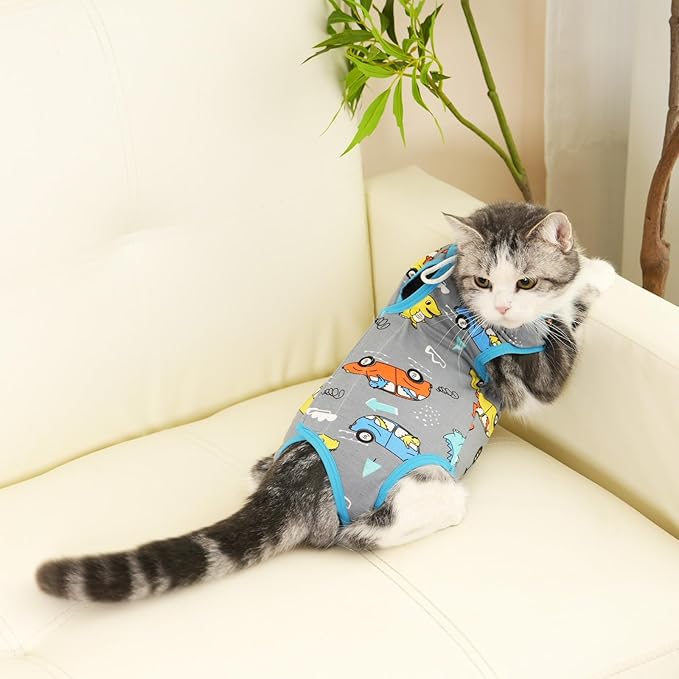 Cat Surgery Recovery Suit Professional for Surgical Abdominal Wound Or Skin Diseases E-Collar Alternative for Cats After Surgery Wear Pajama Suit (Gray, Medium)