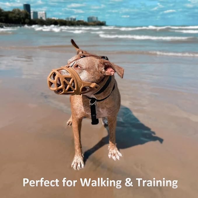 BARKLESS Dog Muzzle, Basket Muzzle for Biting, Chewing and Scavenging, Humane Cage Mouth Cover, Perfect for Grooming and Training Small, Medium, Large Aggressive Reactive Dogs (M, Brown)