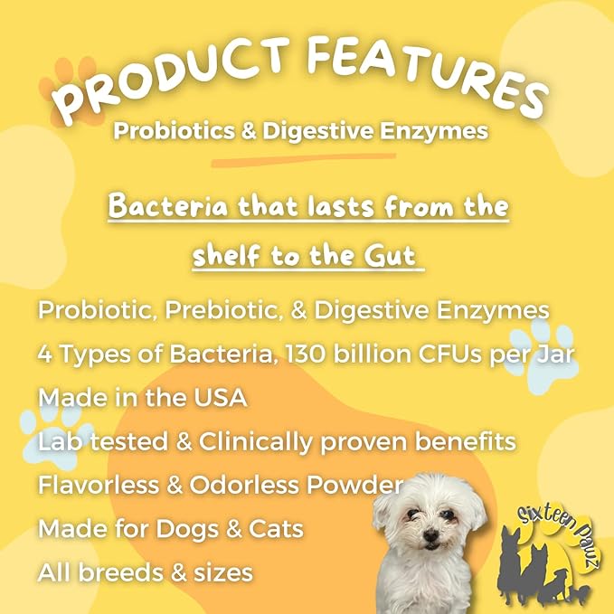 Dog & Cat Probiotics, Prebiotics, & Digestive Enzymes β Flavorless Powder for Gut Health, Allergies, Itchy Skin, Gas & Diarrhea β Organic, Vet-Approved β 65g Bottle (Up to 65 Servings)
