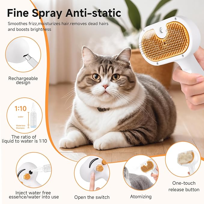 Cat Steam Brush, Pet Steam Brush for Cat & Dog, Mist Spray Comb, Spritz Defur Tool, Water Grooming Kit, Dog Hair Removal Steam Cleaner with Release Button