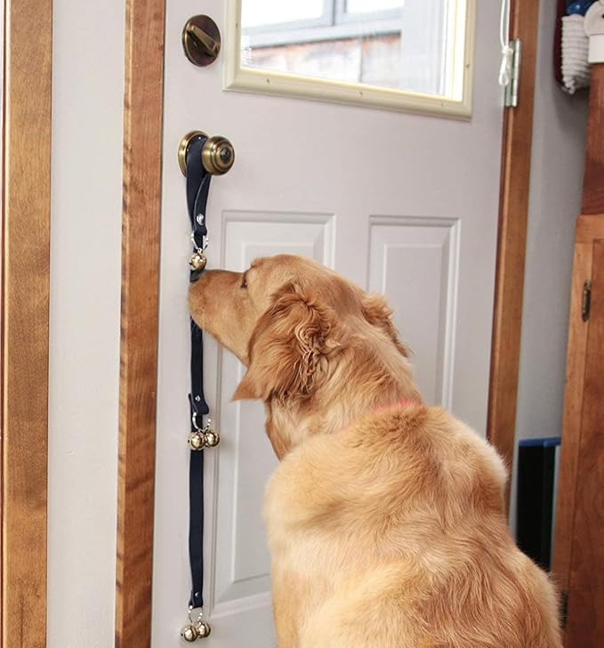 Leather Dog Doorbells for Door Knob/Potty Training/Go Outside, Length Adjustment Copper Dog Bell, Housetraining Hanging Bell, Gray Leather Golden Bells