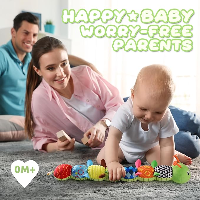 Baby Toys 0 to 12 Months, Musical Stuffed Animal Activity Soft Toys with Multi-Sensory Crinkle, Rattle and Textures, Infant Tummy Time Toys for Newborn Boys Girls, Caterpillar, Green