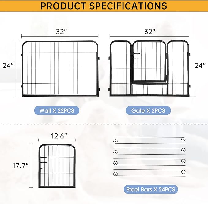 BestPet | Dog Playpen | 24 Inch, 24 Panels | Heavy Duty Metal Pet Exercise Pen | Indoor Outdoor Fence Panels | Rust-Resistant, Removable, Tool-Free Setup | Anti-Skid, Expandable Design