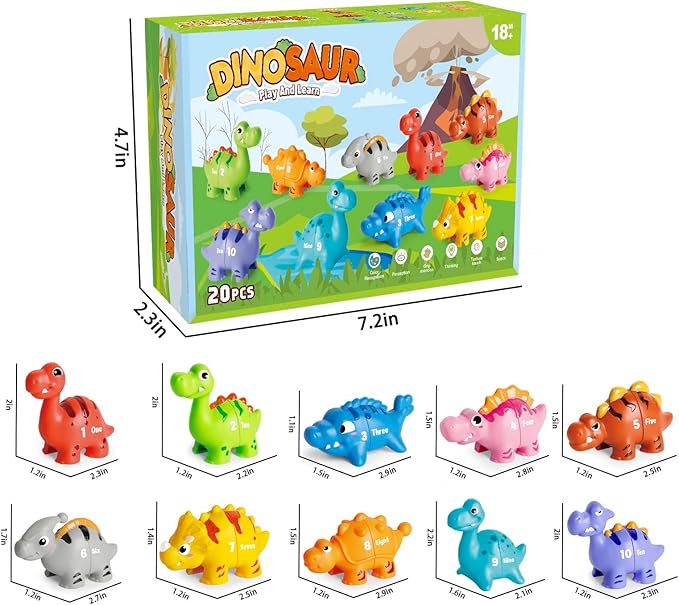 20 PCS Dinosaur Number Learning Toys for Toddlers Kids 3-5, 10 Different Dinosaur Figures, Double Sided Number Matching Game, Preschool Activities Montessori Fine Motor Toys for Toddlers Kids