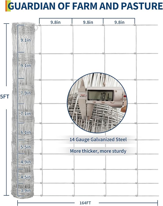 Cattle Farm Fence, 5ft x 164ft Galvanized Wire Fencing for Goat Deer Hog Yard Livestock Animals Protection
