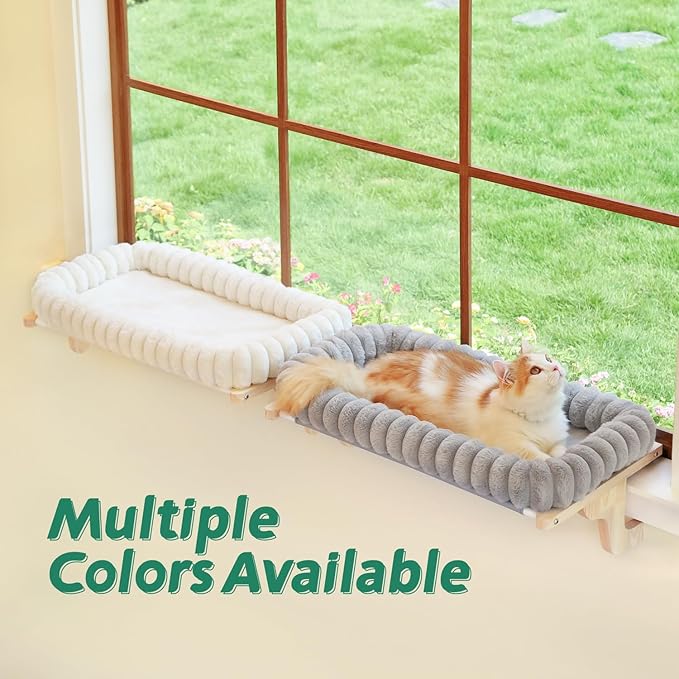 Cat Perch for Window Sill with 4-Sided Bolster - Orthopedic Cat Window Hammock - Solid Hardwood & Metal Frame - Window Seat for Pets (Natural Color Wood w/Gray Bed, Medium)