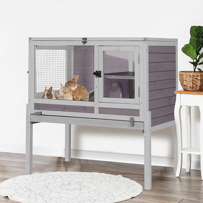Aivituvin Rabbit Hutch with Stand Wooden Bunny Cage Indoor 2 Story Guinea Pig House with Anti Chew Ramp, No Leak Tray, Hideout, Wire Mesh (Gray)