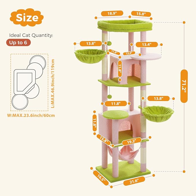 71.2" Large Cat Tree for Multi-Cat Households - Heavy-Duty 9-Level Cat Tower w/5 Sisal Scratching Posts, 2 Condos, 3 Hammocks, Extra-Large Perch & Pompoms - Space-Saving, Pink