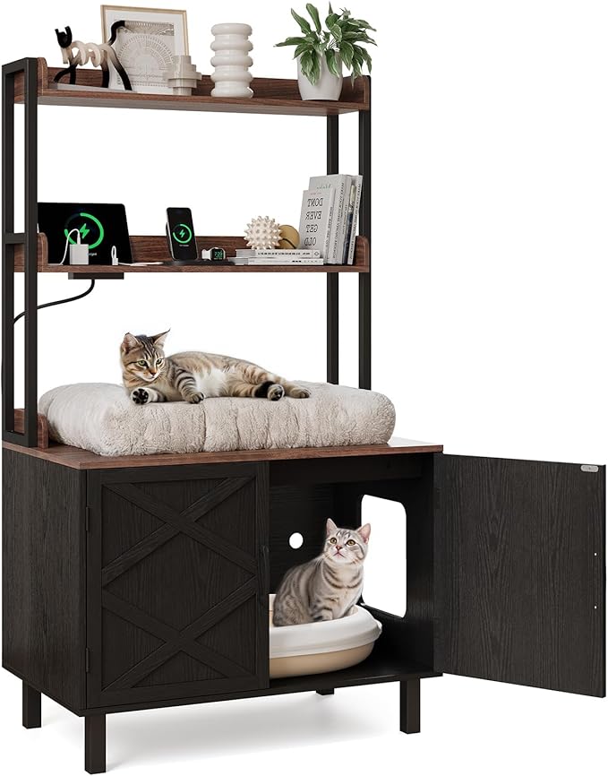 55 Inches Cat Litter Box Enclosure, Hidden Litter Box Furniture with 2 Storage Shelves and Charging Sockets, Wooden Cat House, Large Indoor Cabinet for Living Room & Entryway, Black