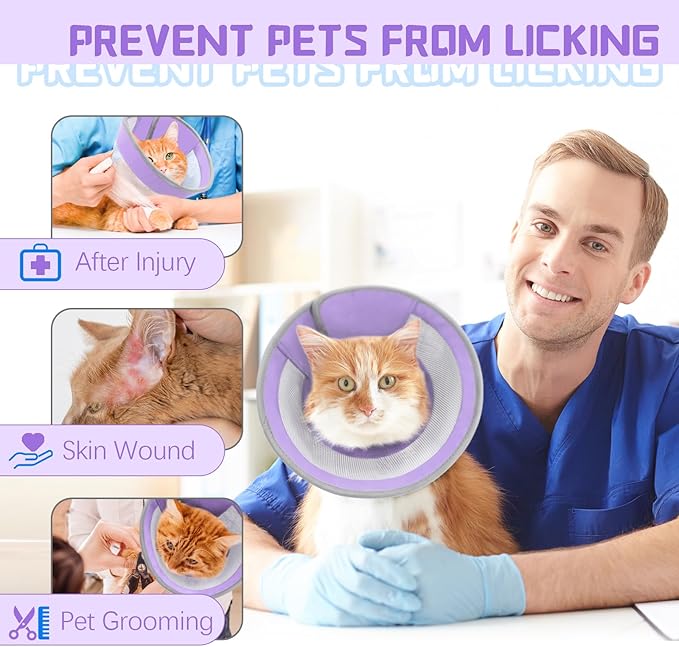 Breathable Air Mesh Cat Cone Collar Soft to Stop Licking, Adjustable, Foldable Lightweight Kitten Cones After Surgery Recovery for Cats & Kittens (Purple, S)