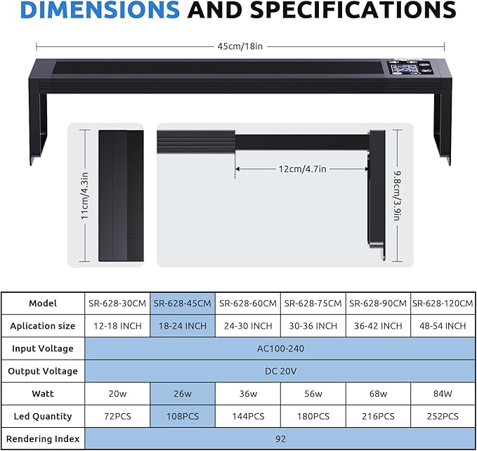 24/7 LED Aquarium Plant Light for 18-24 Inch Fish Tank, Auto On Off with Timer, 9 Colors, Adjustable Brightness, Daylight & Moonlight Mode, Full Spectrum Fish Tank Light for Plants, 26W