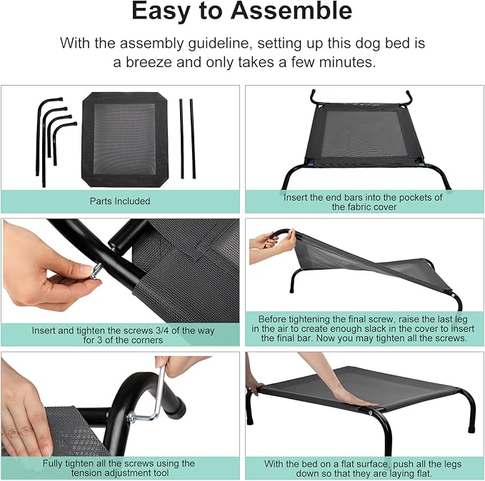 Cooling Elevated Dog Bed with Non-Slip Floor Protectors & Breathable Mesh, Raised Indoor & Outdoor Dog Cot Hammock, 41" L x 32" W x 8" Th, Medium, Green