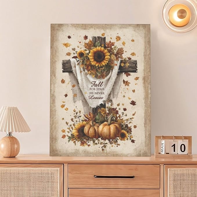Christian Fall Wall Art Autumn Rustic Cross Sunflower Pumpkin Wall Decor Fall for Jesus He Never Leaves Pictures Painting Print Framed Artwork Decorations Gifts for Living Room Bedroom Prayer Room Office 12"x16"