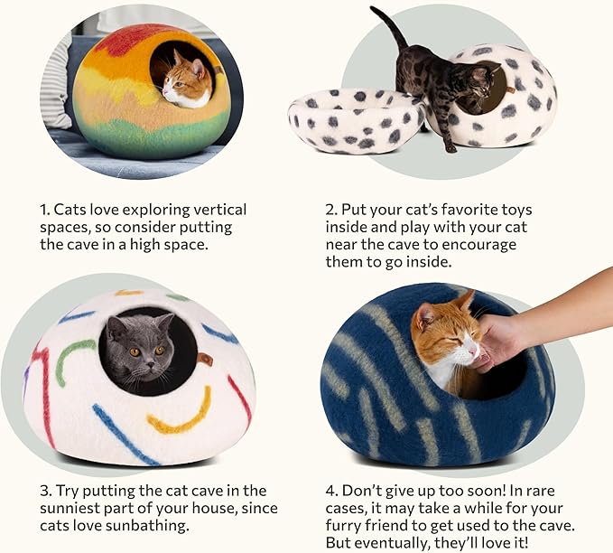 MEOWFIA Cat Cave – Premium Felt Cat Bed for Indoor Cats, Handmade 100% Merino Wool (Large, Ivory Rainbow)