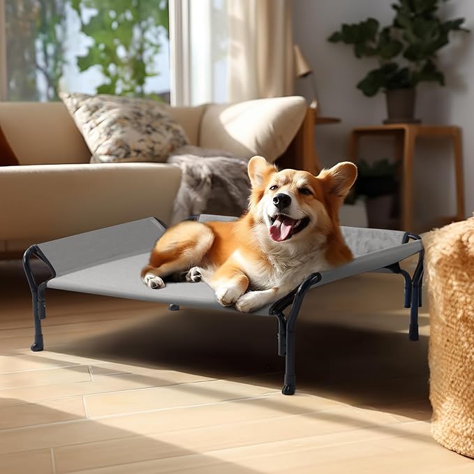 Veehoo Cooling Elevated Dog Bed, Raised Pet Cot with Guardrail & Slope Headrest, Durable Breathable Teslin Mesh, Non-Slip Feet, Washable Dog Couch Bed for Indoor & Outdoor, Medium 39.5" x 28", Gray