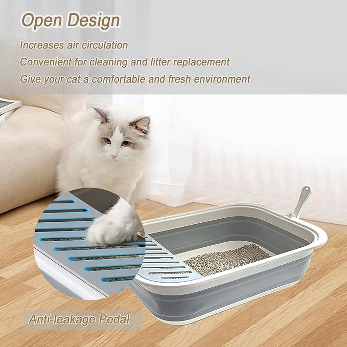 Collapsible Kitten Litter Box, 17.7 x 13.4 x 5 inch Open Cat Potty Pan with Scoop Foldable Shallow Cat Toilet Anti-Splashing Low Entrance Travel Litter Box with Falling Sand Pedal Grey
