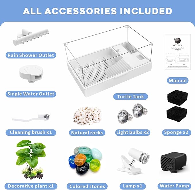 GOZILLA Large Turtle Tank Kit+Water Pump+Lamp, Acrylic Turtle Tank Starter Kit with Adjustable 5W Water Pump and Timing/Dimming Lamp, Multi-Functional Area for Small/Medium Turtles(Large-White Kit).