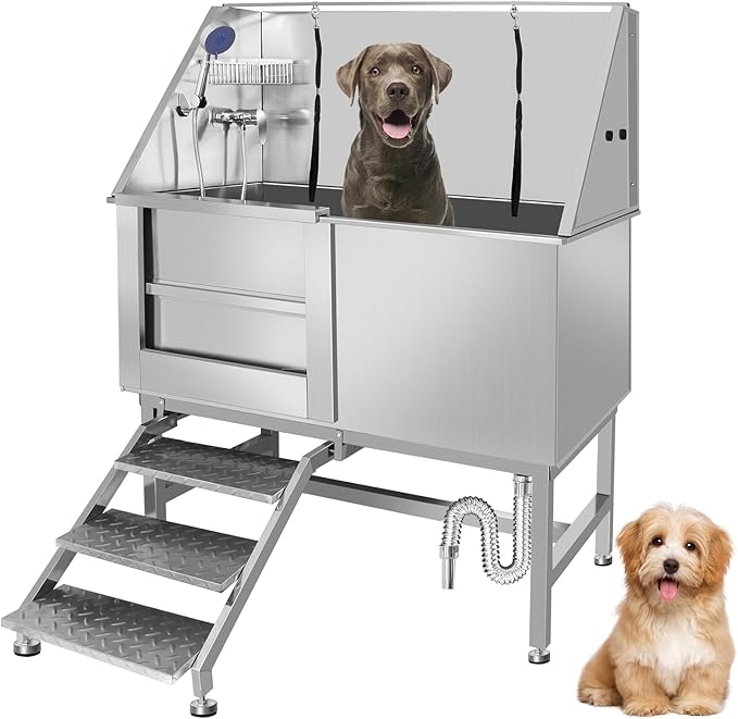 50" Pet Dog Bathing Station W/Ramp, Professional Stainless Steel Dog Grooming Tub W/Soap Box, Faucet,Rich Accessory, Dog Bathtub for Large,Medium,Small Pets, Washing Sink for Home (50" Left ramp)