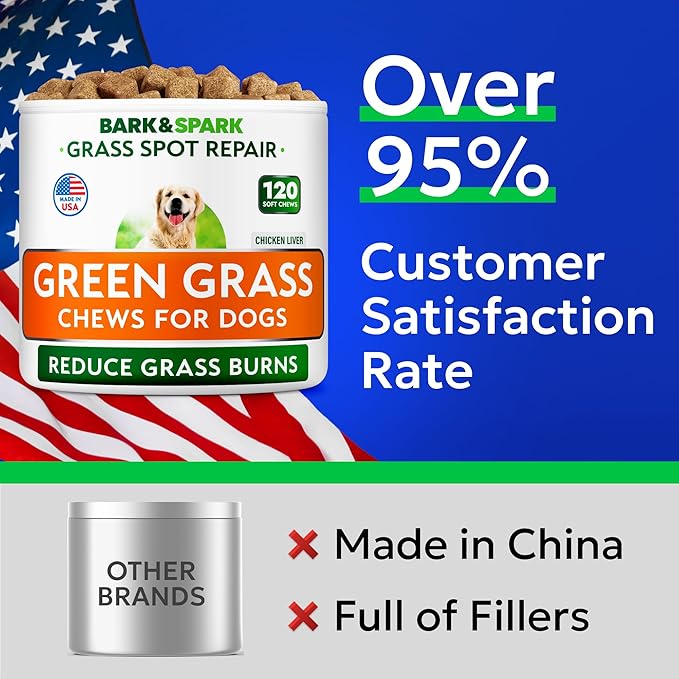 BARK&SPARK Green Grass Chews - Pee Grass Spot Saver Caused by Dog Urine - Urine Neutralizer for Lawn, Gut Health Probiotics & Digestive Enzymes,Lawn Burn from Dog Urine, Grass Burn Spot Chews (240Ct)