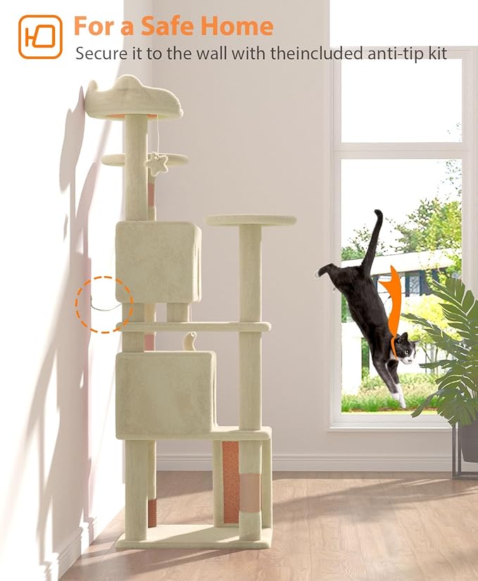 60'' Cat Tree Tower for Indoor Cats Large Adult,Cute/Tall Modern Cat Tree for Big Cats 20 lbs, Plush Multi-Level Cat Condo with Scratching Posts, Dangling Ball Indoor (Beige, 60 inch)