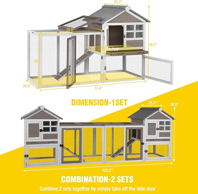 Aivituvin Rabbit Hutch Indoor Bunny Cage Outdoor with Run Chicken Coop Guinea Pig House with Waterproof Asphalt Roof,No Leakage Pull Out Tray