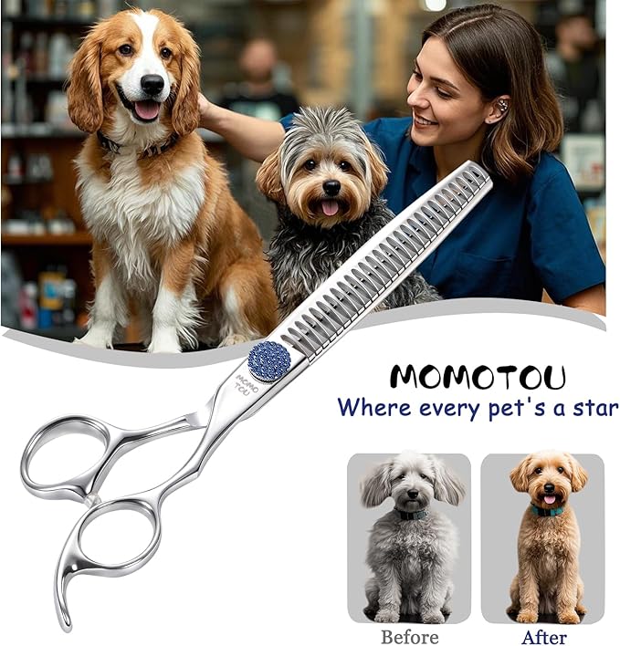 7.5'' Dog Grooming Scissors CNC 440C Blades Sharp and Durable Polished Chunker Dog Shears with Blue Diamond Adustable Screws Easy to Use for Groomer and Home User