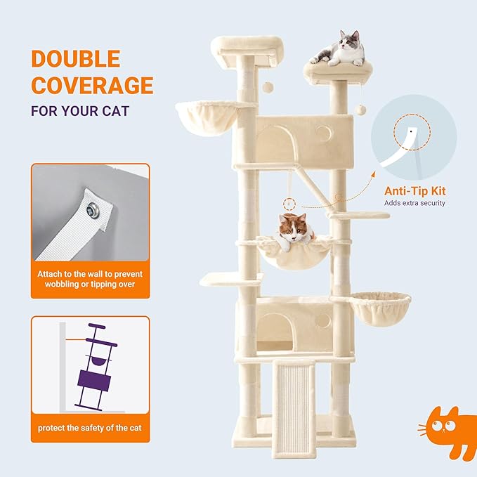 Allewie 81 Inches Tall Cat Tree/Multi-Level Large Climbing Tree House and Towers for Big Feline/Condo and Hammock/Scratching Post/Wide Base/Beige