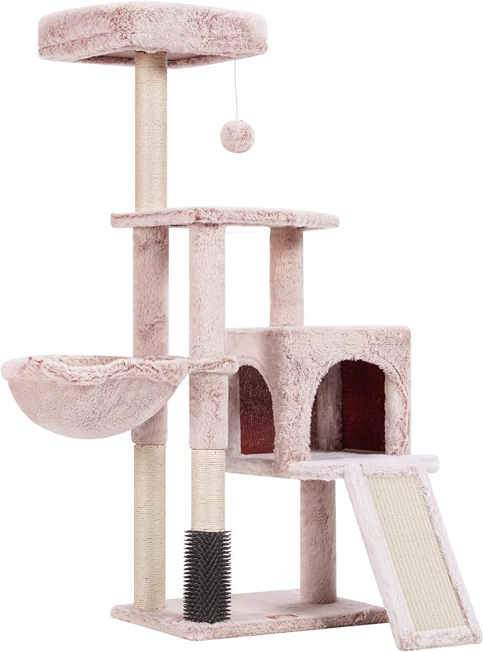 Heybly Cat Tree with Cat Self Groomer Brush, Cat Tower Condo for Indoor Cats with Padded Plush Perch, Cat House with Basket Scratching Board Post, Muchroom HCT005SMU