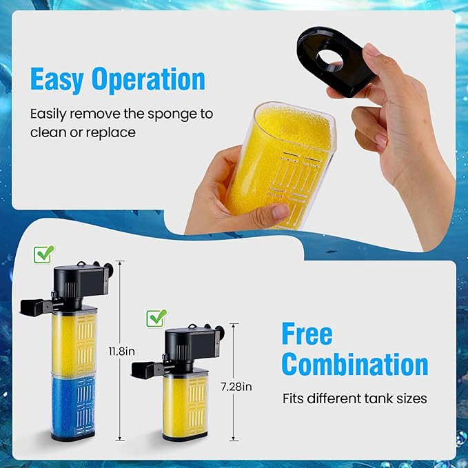 Aquarium Filter for 30-100 Gallons, Ultra-Quiet Fish Tank Filters Biochemical Filtration 400GPH Powerful Pump Submersible Sponge Filter for Large Fish & Turtle Tanks Water Clear Air Supply (18W)