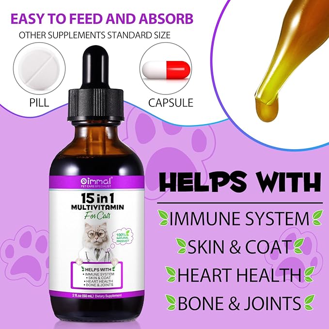 2PCS Liquid Multivitamin for Cat, 15 in 1 Cats Multivitamin Liquid Drops Supplements for Skin & Coat, Heart Health, Bones and Joint, Cat Vitamins with Glucosamine and MSM, Immune System Support