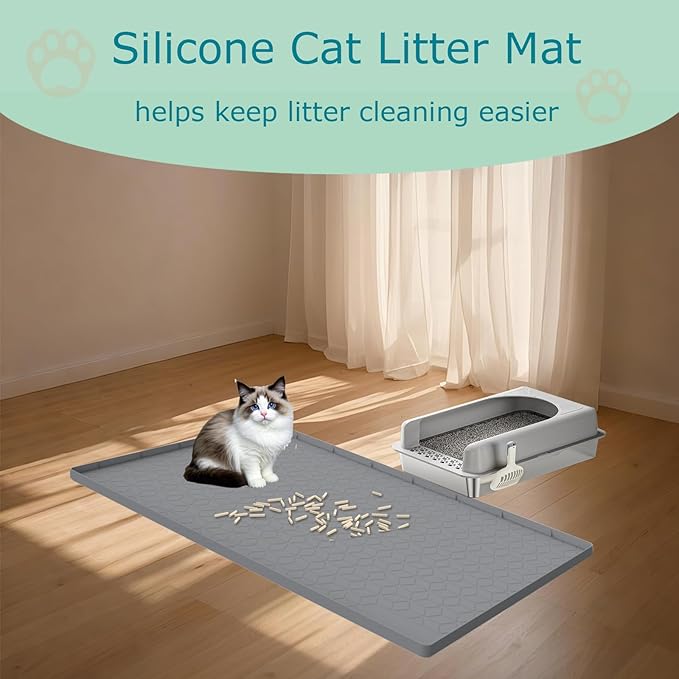 Cat Litter Mat for Litter Box, Silicone Large Cat Litter Trapping Mat - 31x22 in, Waterproof & Non-Slip, Durable & Easy Clean, Gray