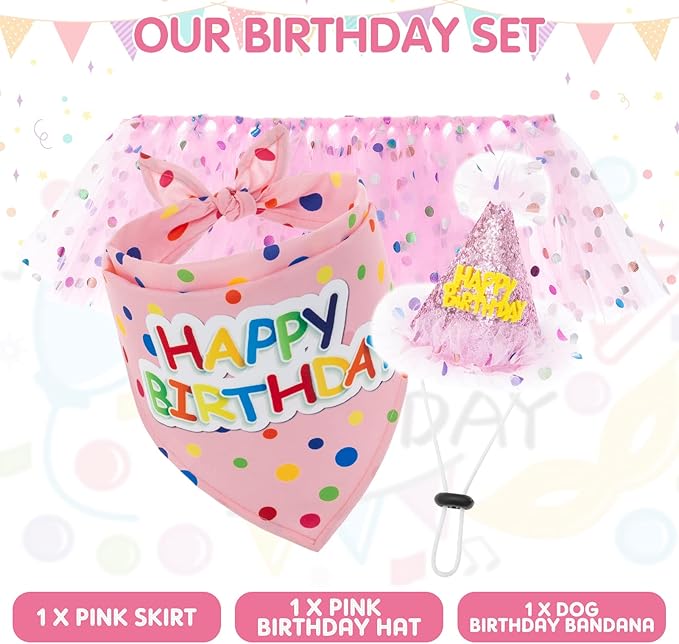 SCENEREAL Dog Birthday Bandana with Hat and Dress Girl Set, Large Dog Birthday Party Supplies, Cute Pink Tutu Skirt Outfit for Medium Large Dogs