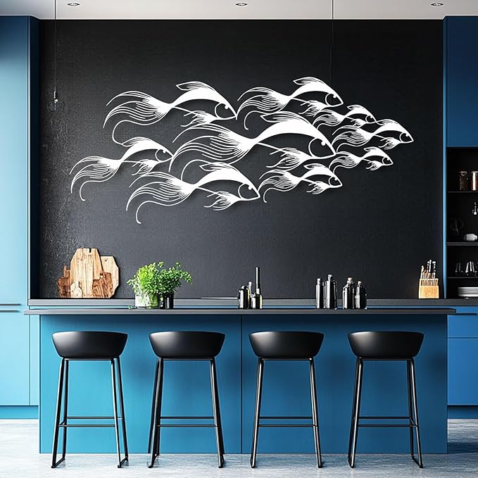 School of Fish Metal Wall Art, Metal Fish Wall Decor, Sea Life Wall Art, Large Nautical Wall Hanging, Modern Beach House Wall Decor, Ocean Themed Artwork for Bathroom (Silver, 59"x25" | 150x64cm)