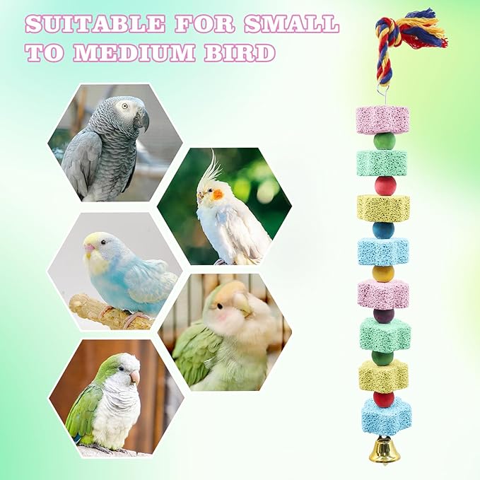 2 Pack Mineral Block Chew Toys with Colorful Beads and a Bell, Bird Beak Grinding Stone, Cage Accessories for African Grey, Budgies, Cockatiels, Small to Medium Birds